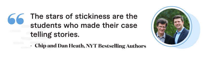 “The stars of stickiness are the students who made their case telling stories.” -Chip and Dan Heath, NYT Bestselling Authors