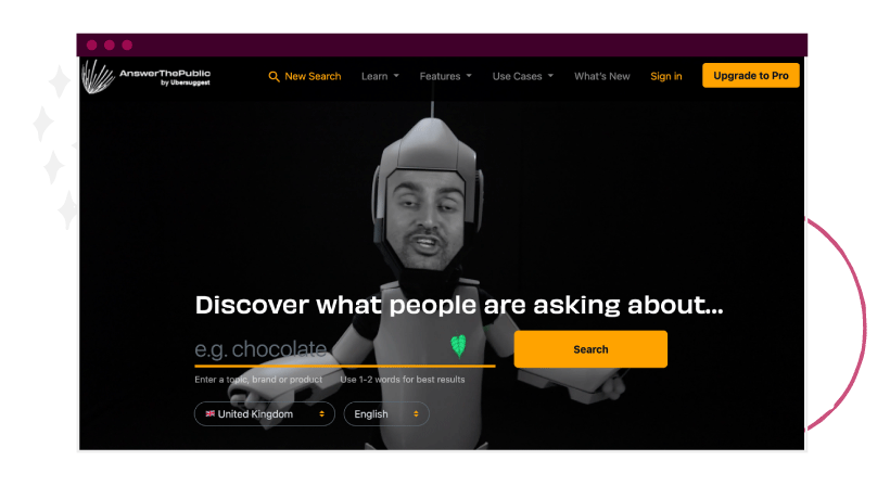 AnswerThePublic is a free content research tool that turns your keywords into a long list of content ideas.