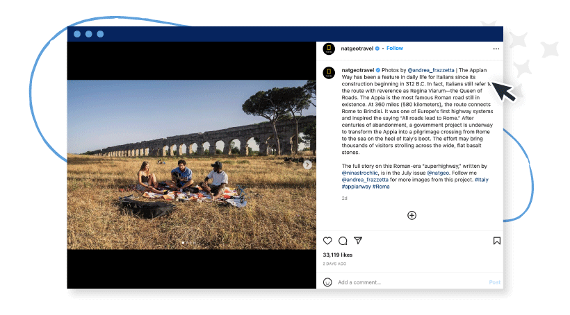 Nat Geo Travel relies heavily on user contributions to fill up their Instagram feed and drive engagement.